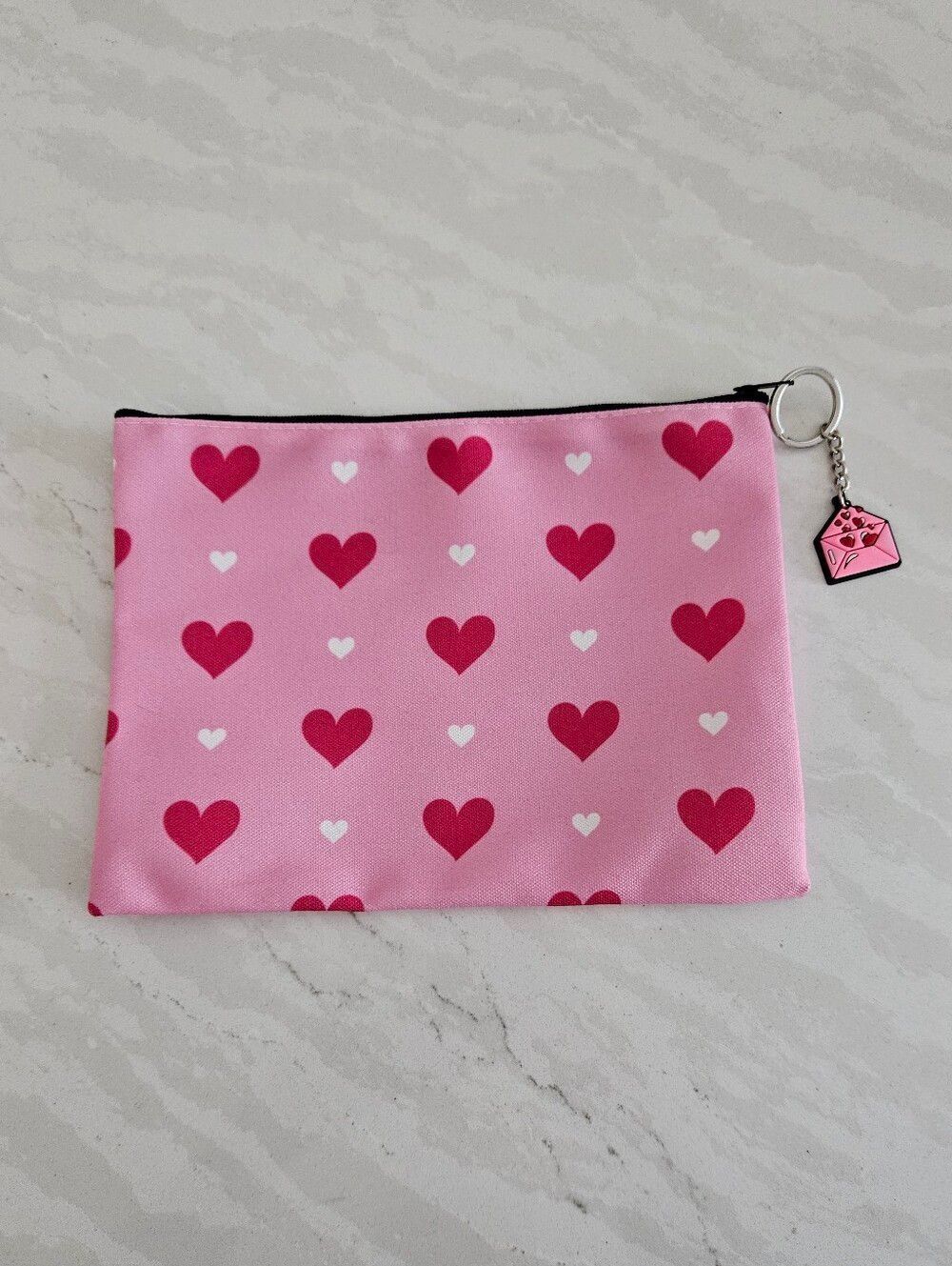 Pink Heart Print Cosmetic Pouch With Bag Charm